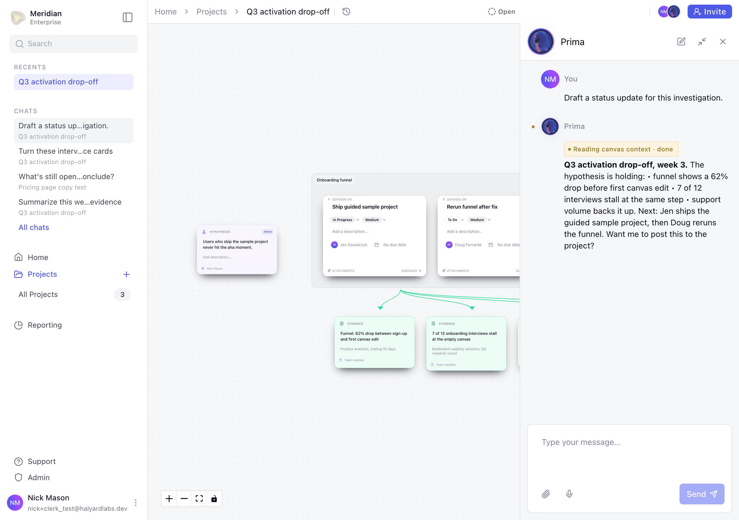 Prima's chat panel docked over the canvas, showing a tool step reading the loop's canvas context and a drafted status update citing the evidence on screen.