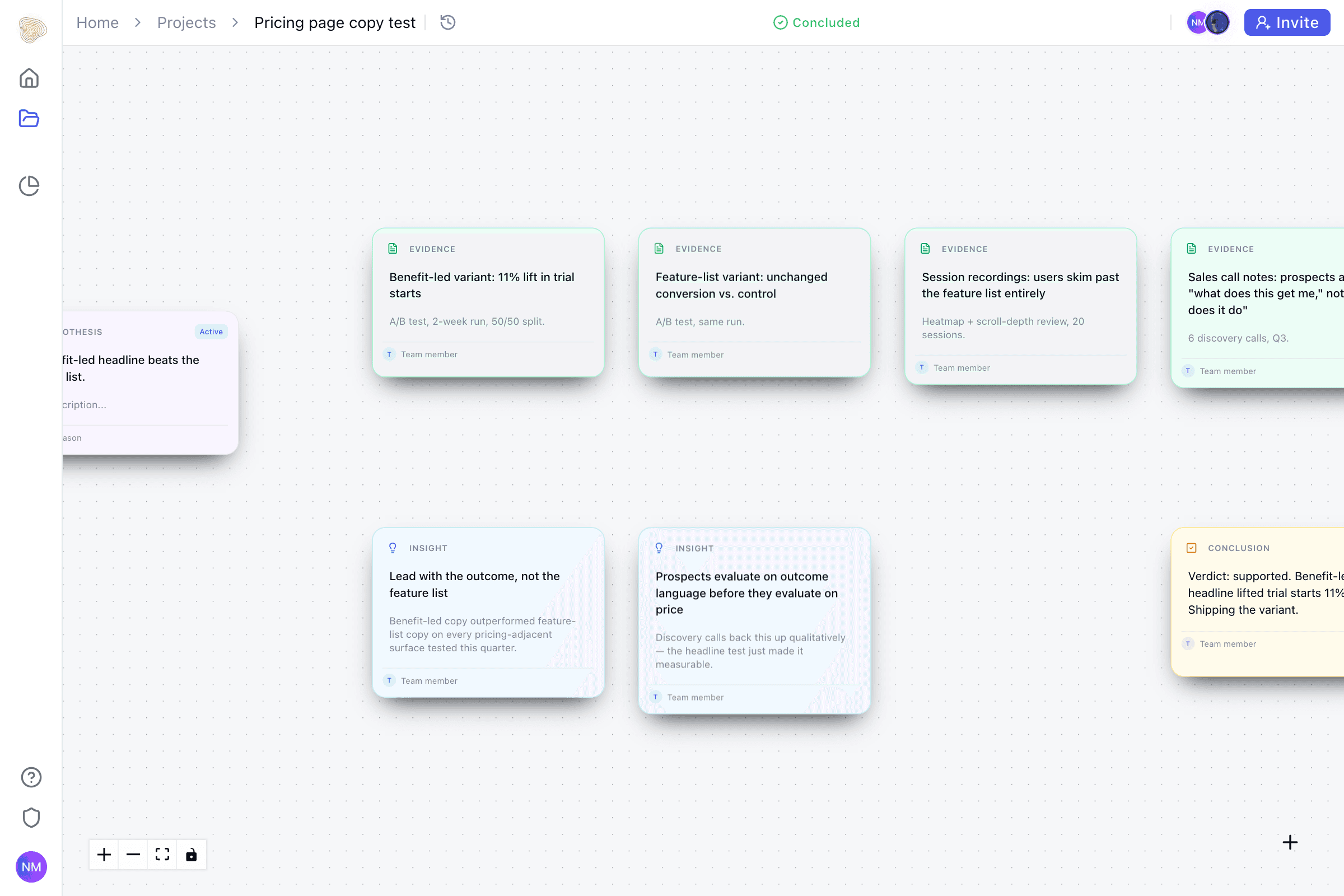 A concluded loop ending in a verdict card reading that the benefit-led headline lifted trial starts, with the insights it produced beside it.