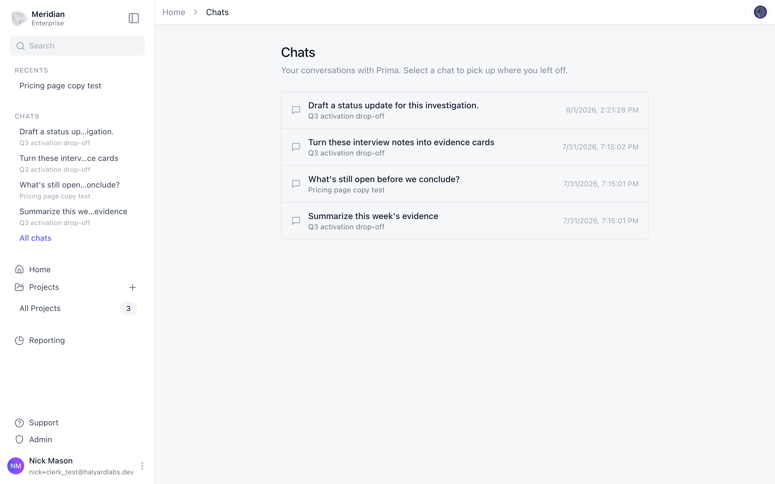 The chat index, where each conversation with Prima names the loop it belongs to.